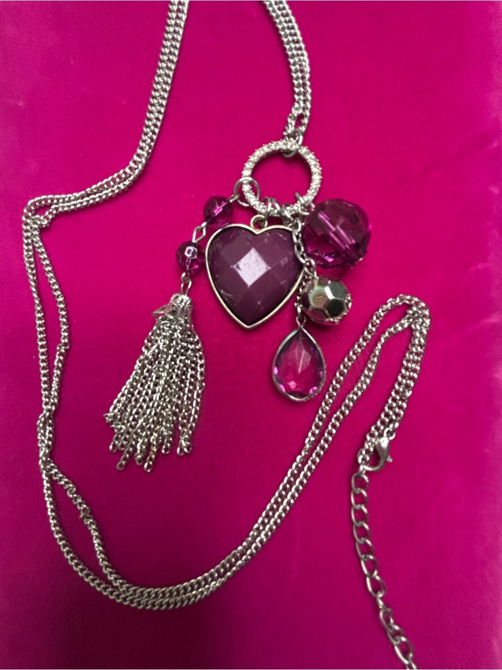 Silver Necklace with Pink Heart and Tassel Pendant